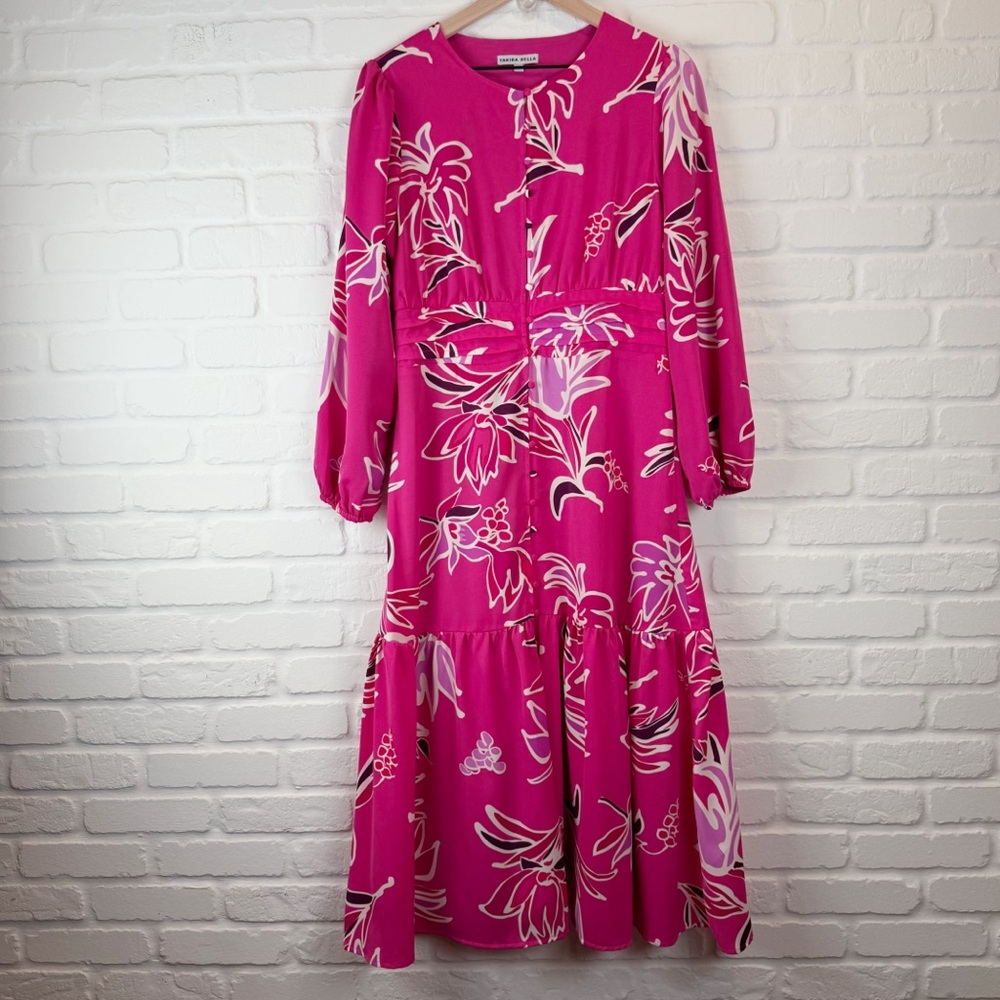 Yakira Bella Pink Floral Gwenyth Dress Botton Down Tiered Skirt Pleated Waist L